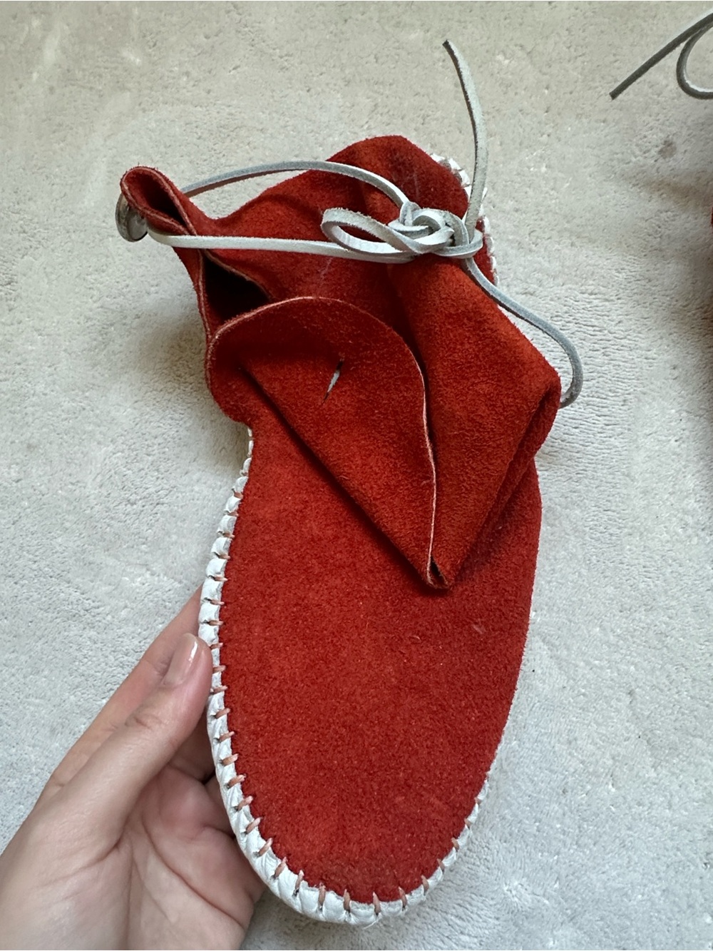 Rust Red Suede Moccasin Flats with White Lacing - Picture 7 of 13